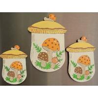 3 wooden magnets hand painted laser cut wood made to look like the 1970s Merry Mushroom canister set
